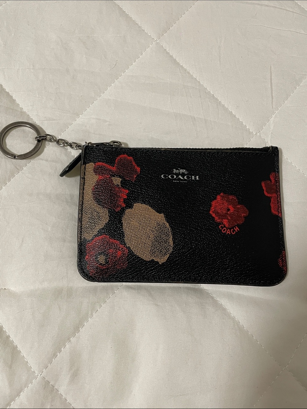 Coach Black Floral Leather Key Pouch with Red & Tan Blooms